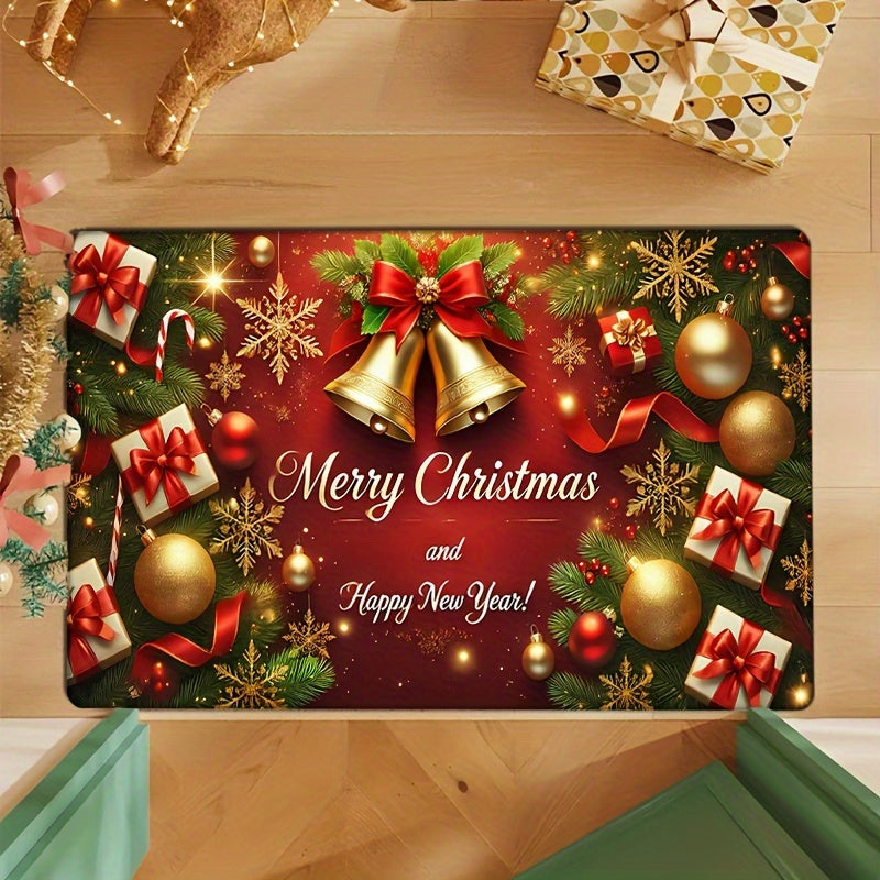 Christmas Doormat made of luxurious plush material, 1.2cm thick and non-slip. Festive red with golden bells and snowflakes design. Absorbent and machine washable, suitable for living room, bedroom, kitchen, office, laundry area, and as a Christmas floor