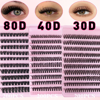 200pcs of natural look individual eyelashes in wispy cluster style, 8-16mm length, available in 30, 40, or 80D curl. Beginner-friendly and reusable for DIY fluffy extensions.