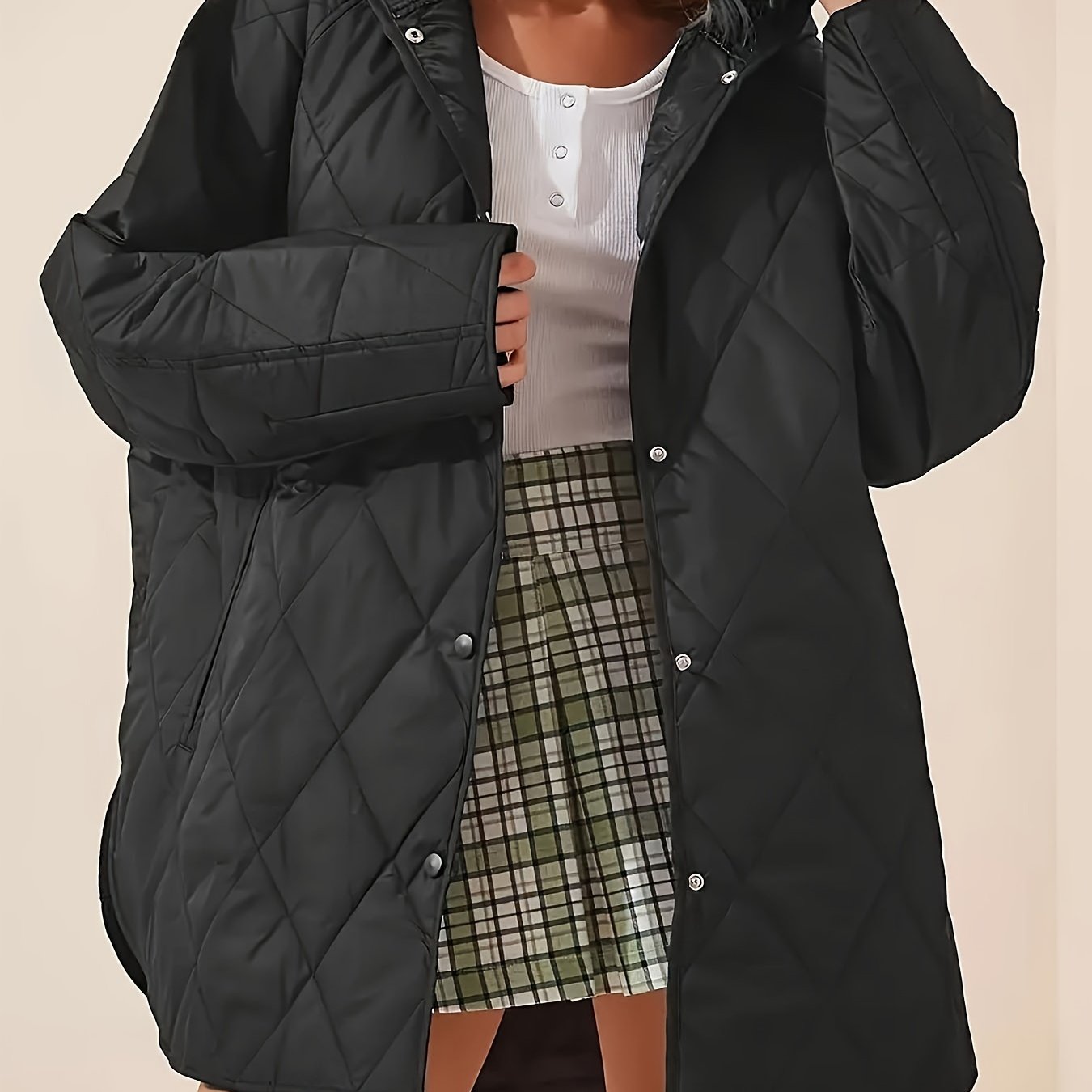 Women's Winter Coat in Large Size with Rhombus Grid Design