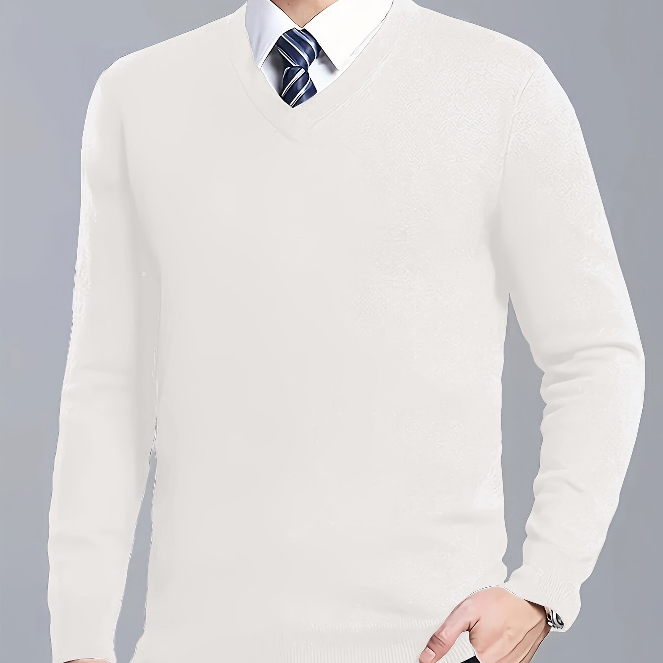 Men's V-Neck Knit Sweater for 2024 Autumn/Winter with solid color design and regular fit. Made from Polyester 25%, Viscose 50%, Nylon 25%.