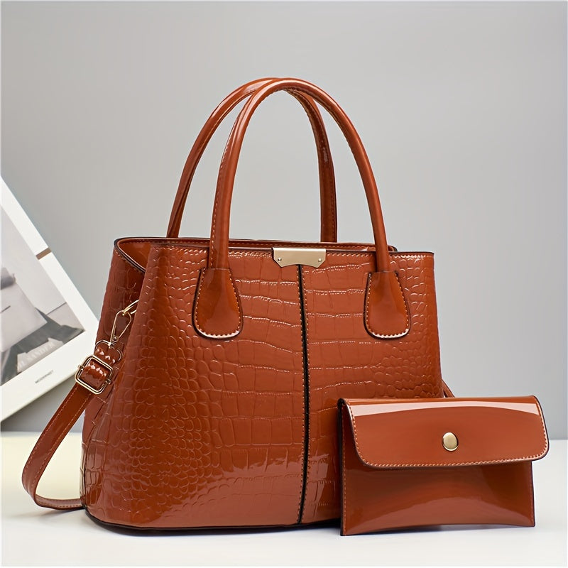 A glossy crocodile pattern handbag perfect for Mother's Day, Easter gatherings, and elegant commuting, with a large capacity and simple design.