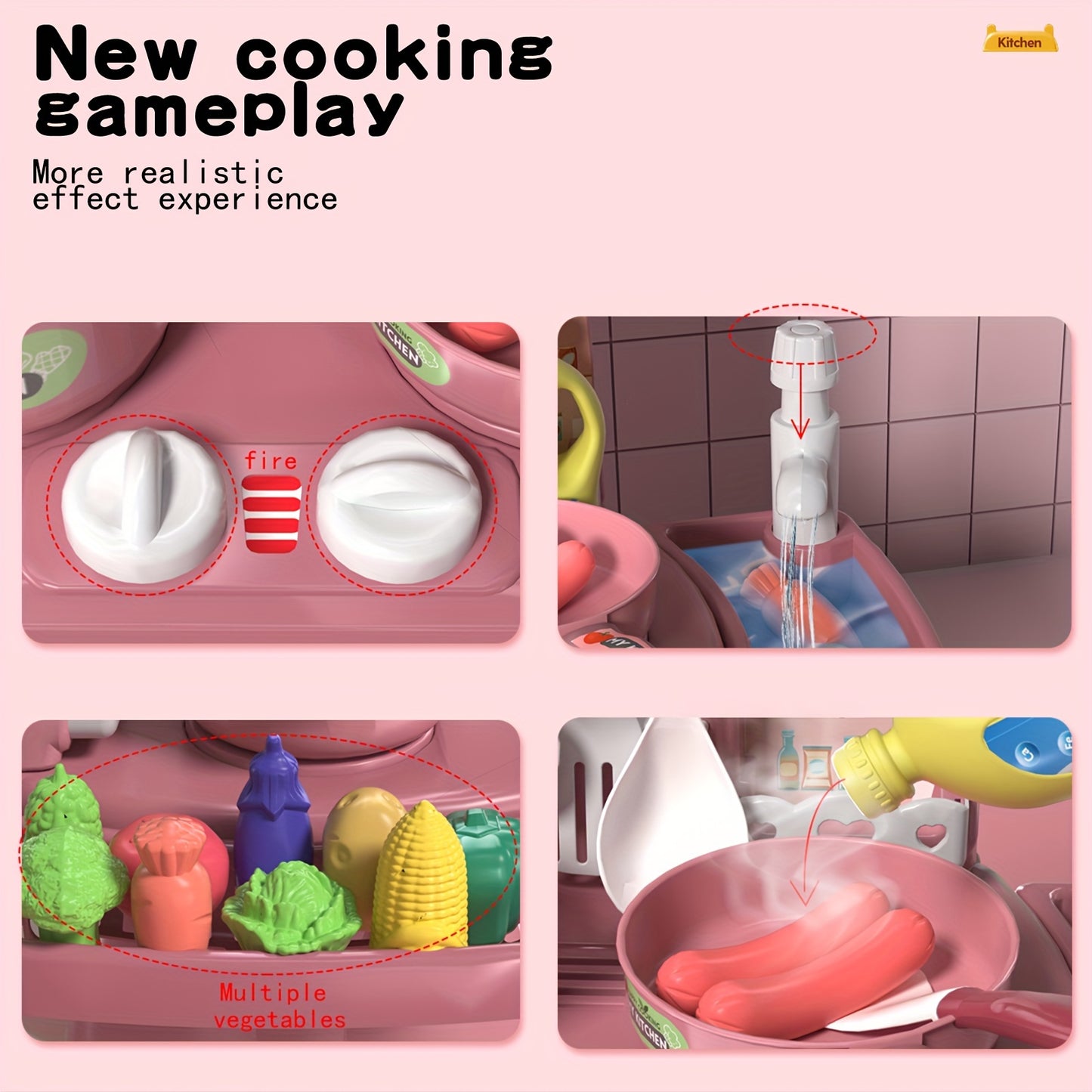 Pink Kids Kitchen toy set with light and sound features, including food and utensils for pretend cooking and chef role play. Fun and stress-relieving toy.