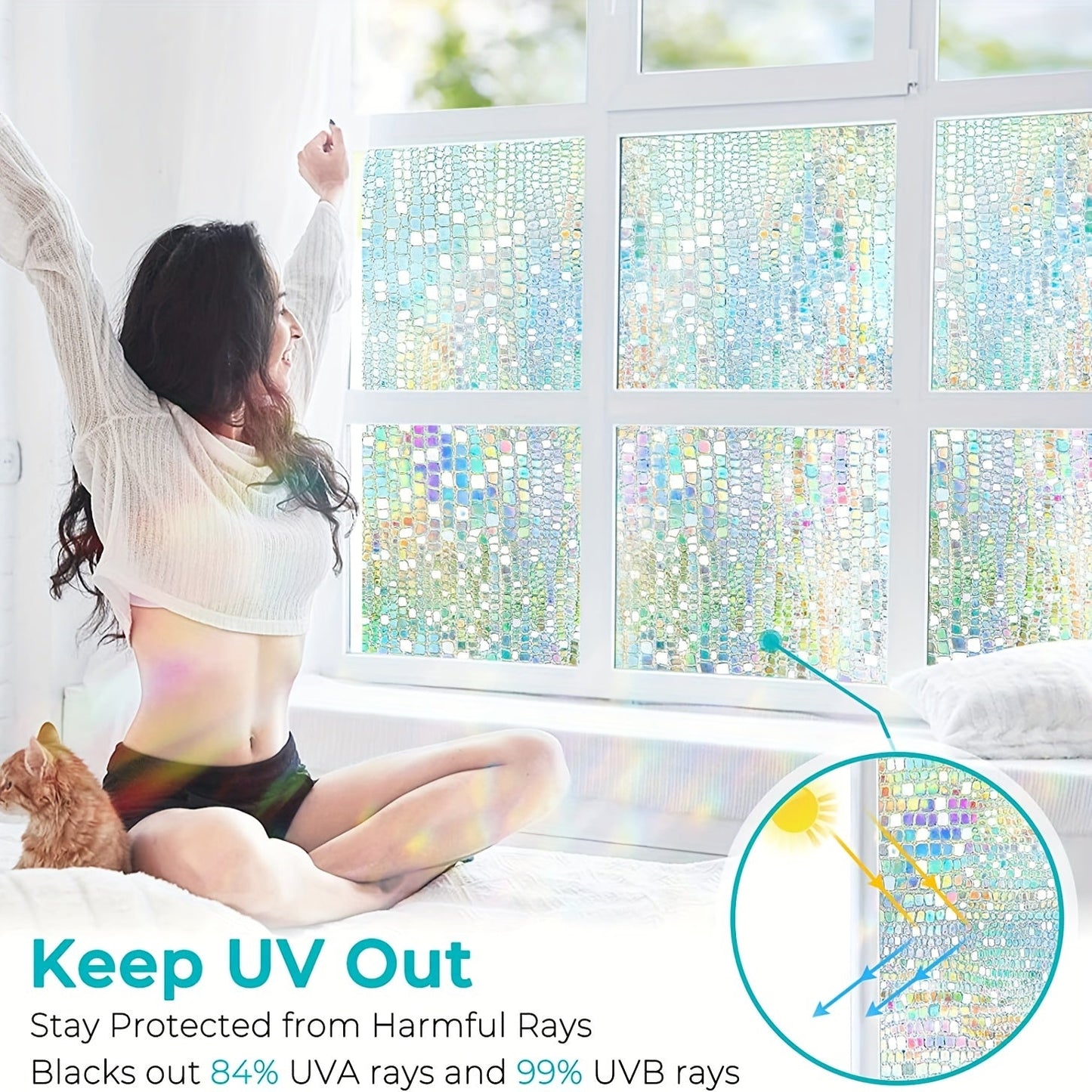 Decorate your home with the 1PC Privacy Window Film featuring a Stained Glass Rainbow design. This window cling provides privacy, blocks sunlight, and adds a 3D decorative touch to any room in your home. Perfect for bathrooms, living rooms, and more.