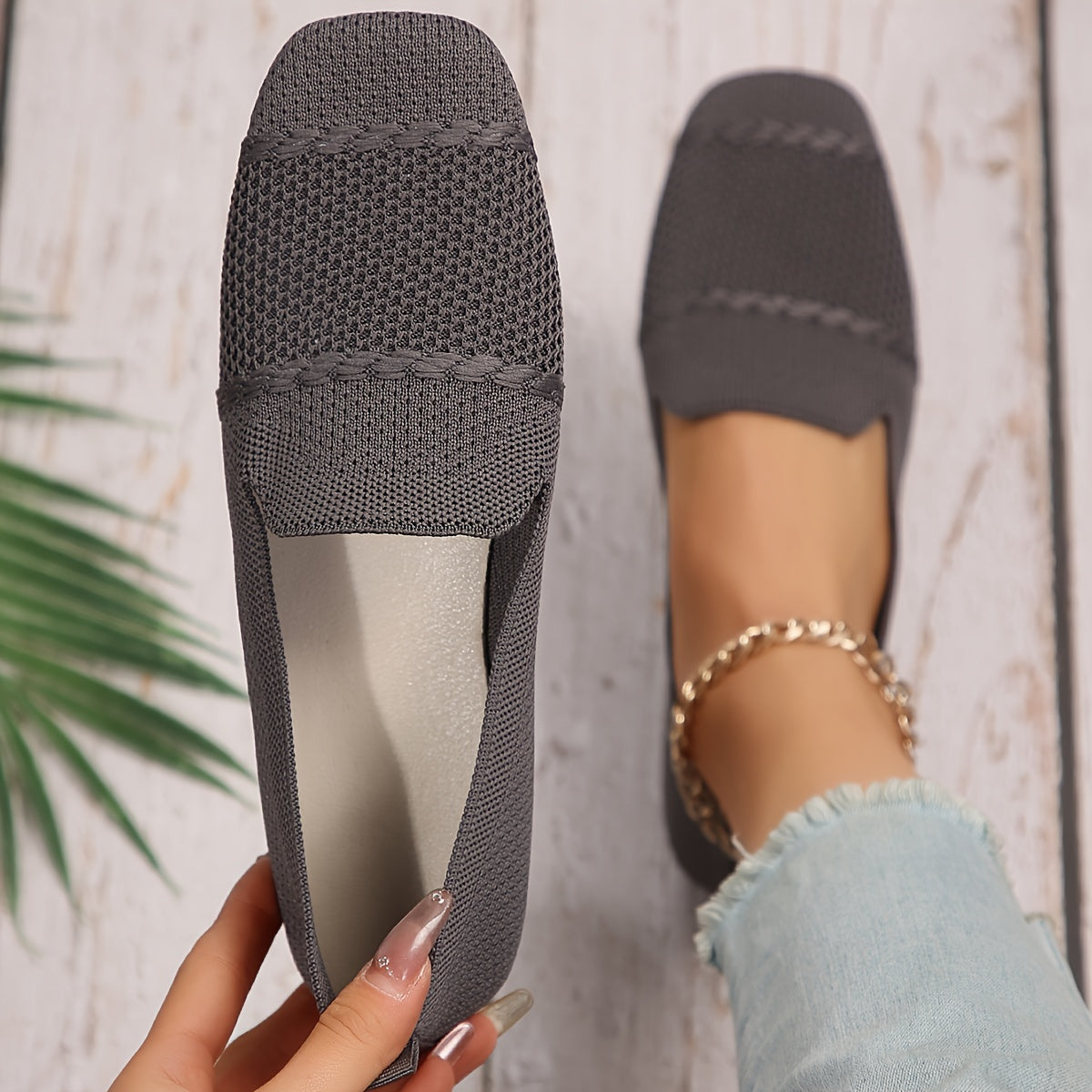 Casual slip-on shoes for women, featuring a soft breathable knit design and lightweight construction.