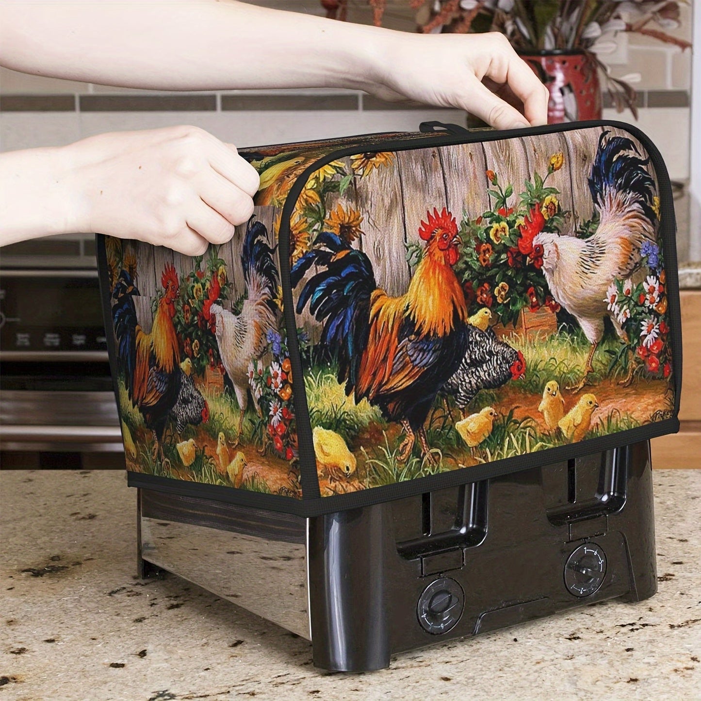 Protect your 2 slice wide slot toaster with this rooster patterned cover. Keep dust, fingerprints, and grease at bay while preventing sputtering. This machine washable cover requires no electricity, making it an ideal gift for women.