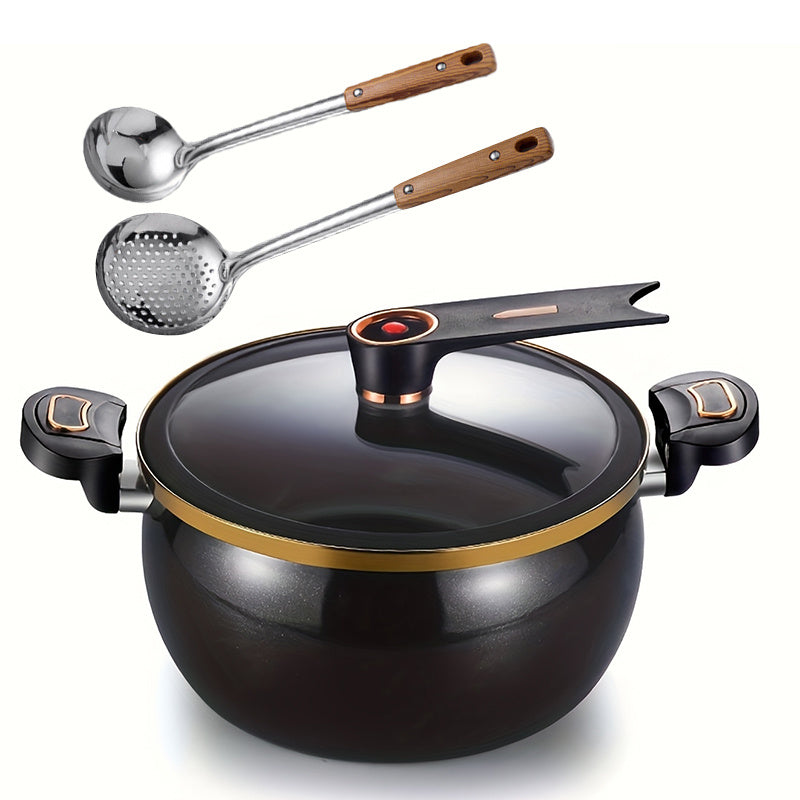 Large 7.99L Capacity Non-Stick Cast Iron Pot Set with 2 Spoons - Ideal for Various Dishes such as Stew and Soup - Can be Used on Induction and Gas Stoves