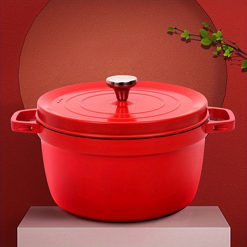 Durable Red Soup Pot for Broth, Stew, and Cooking - 4L Cast Iron Stockpot with Lid, 24cm - Compatible with Universal Gas Stovetop and Induction Cooking