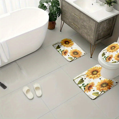 Set of 4 velvet sponge bath mats featuring non-slip designs in leaves, flowers, sea waves, and wooden board patterns. Includes an extended thickened toilet rug, durable non-slip bathroom rug, comfortable U-shaped toilet mat, and toilet cover mat for