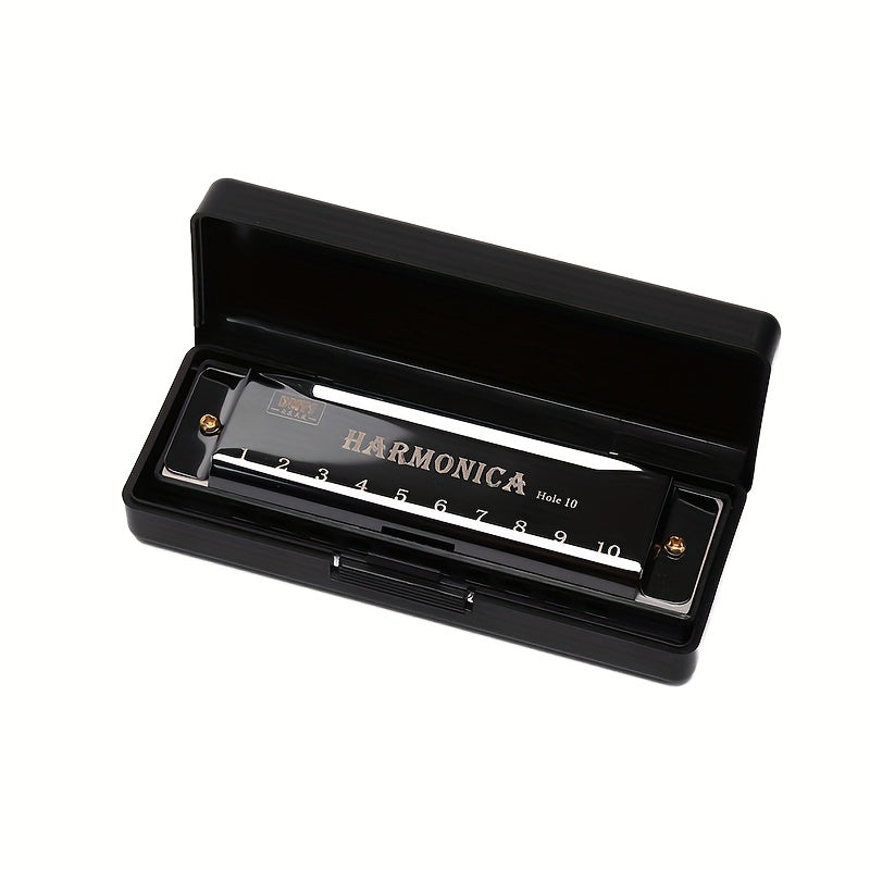 10-hole black harmonica made of polished metal and resin, perfect for beginners and gifting, with a copper core for music and entertainment.