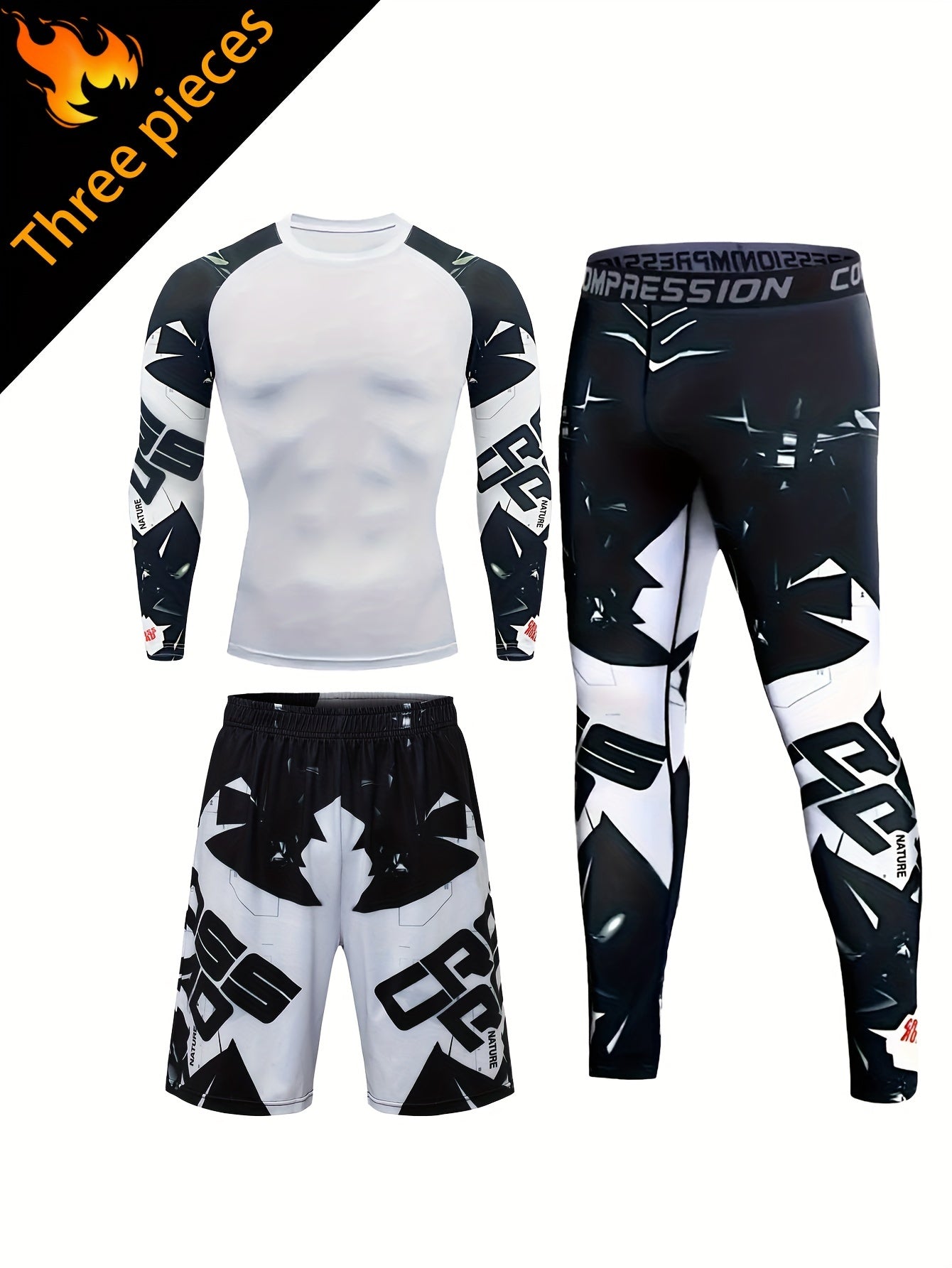 Men's White Camo Compression Sports Set includes a long sleeve top, shorts with pockets, and outdoor fitness gear.