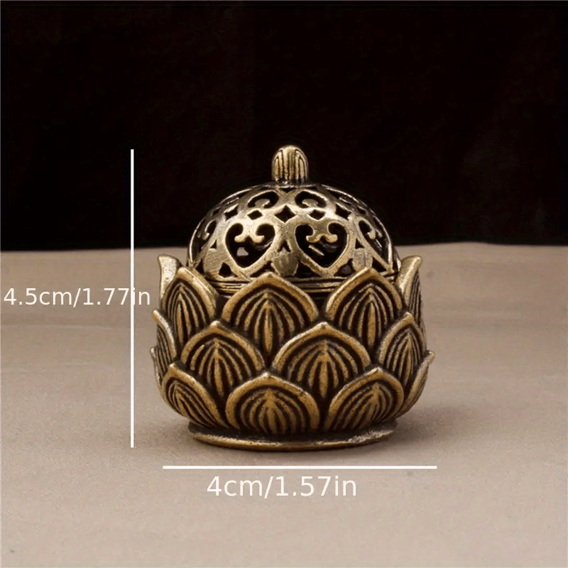 1 Mini Hollow Lotus Incense Burner in Antique Bronze, also serving as an incense holder for indoor decor.