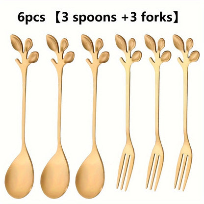 Leaf-shaped dessert spoons and forks in 24-pack, 12-pack, and 6-pack sizes for home and commercial use. Ideal for stirring, couple gifts, birthdays, parties, cakes, salads, and dinner gatherings. Trendy and stylish design.