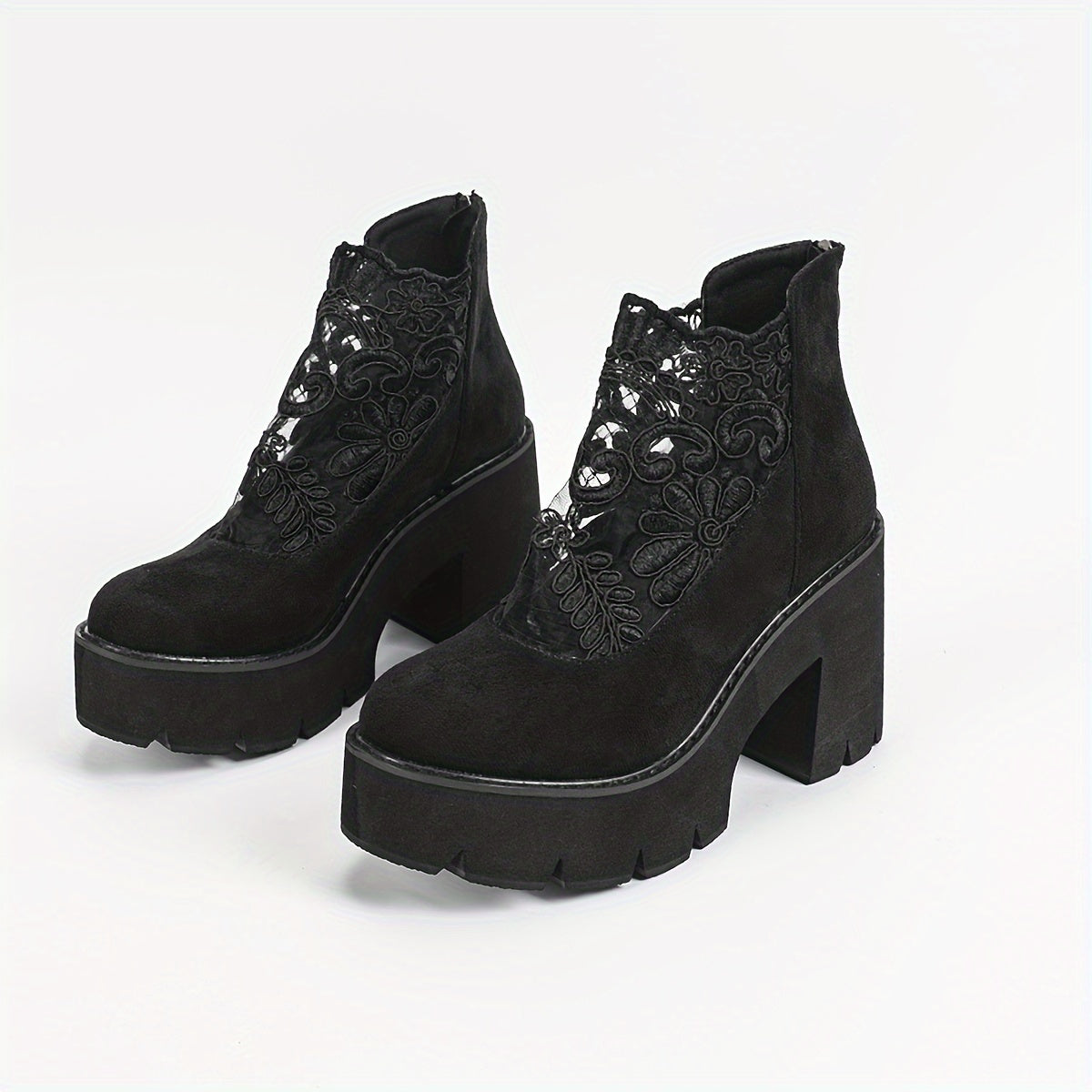 Women's Floral Embroidered Ankle Boots with Black Mesh, Zippered Mid-Calf, Chunky Heel, Corduroy Upper, Fabric Lining, Rubber Sole, Velvet Insole.