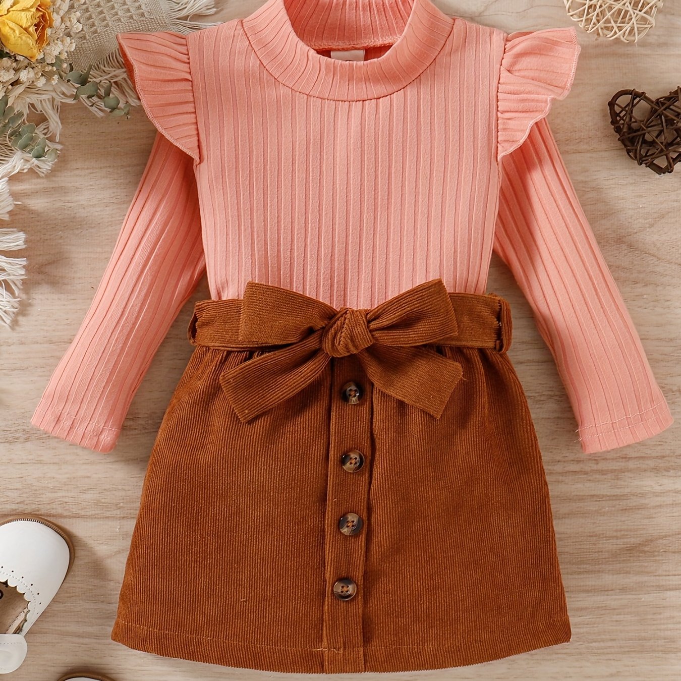 Baby girls' preppy style top and corduroy skirt set for outdoor wear.