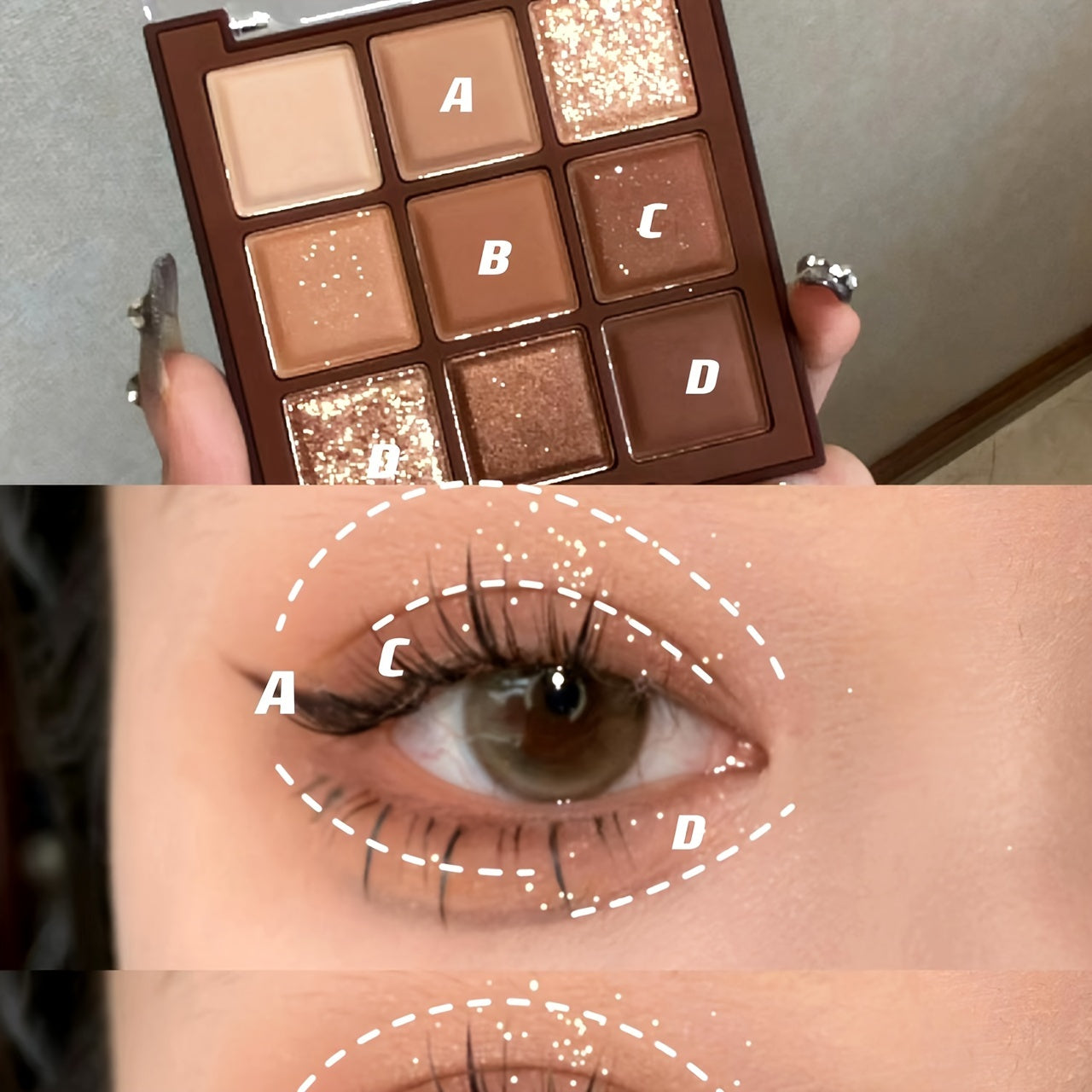 9-color chocolate brown eyeshadow palette with natural matte, shimmer, and glitter pigments. Waterproof, sweat-proof, and professional beauty makeup kit.