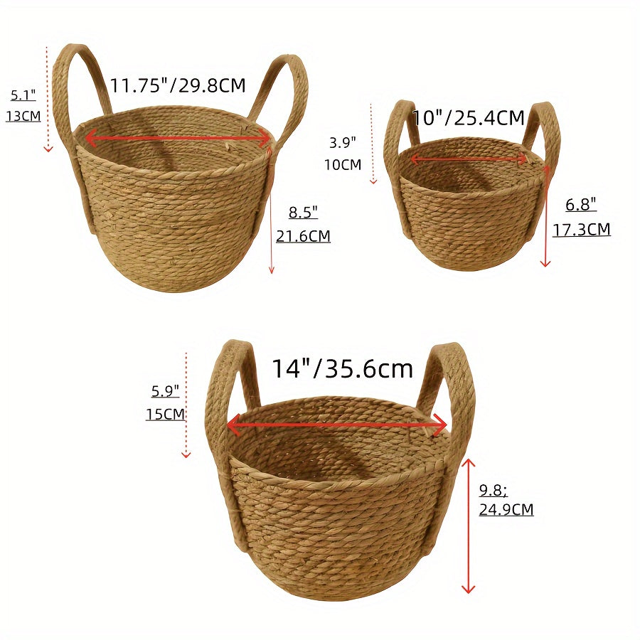 3 Handmade Woven Storage Baskets with Rustic Grass Finish - Perfect for Laundry or Home Organization