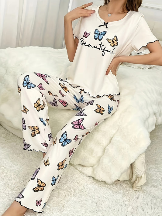 Women's casual lounge set with butterfly and letter print, frill trim, short sleeves, round neck top, and matching pants for a comfortable and relaxed fit.