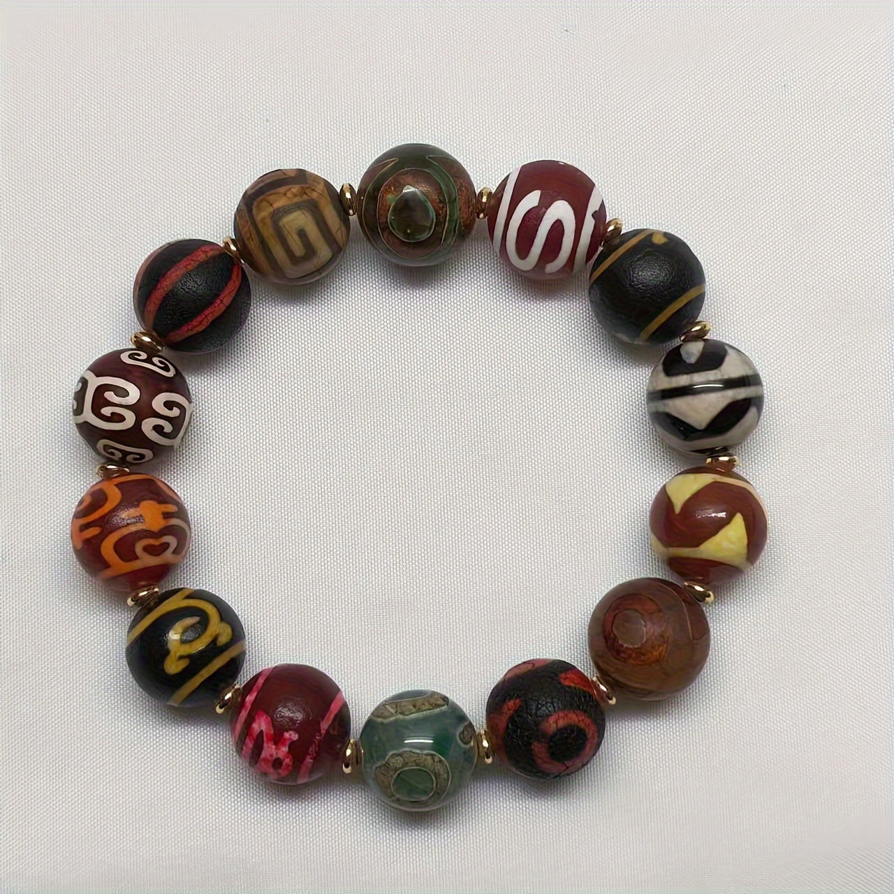 Unisex Stretch Gemstone Bracelet with Tibetan Dzi Beads in Traditional Tribal Chinese Style, Designed for Good Fortune and Peace. A Versatile and Stylish Daily Accessory, Perfect for Men and Women, Makes a Great Gift for Any Occasion.