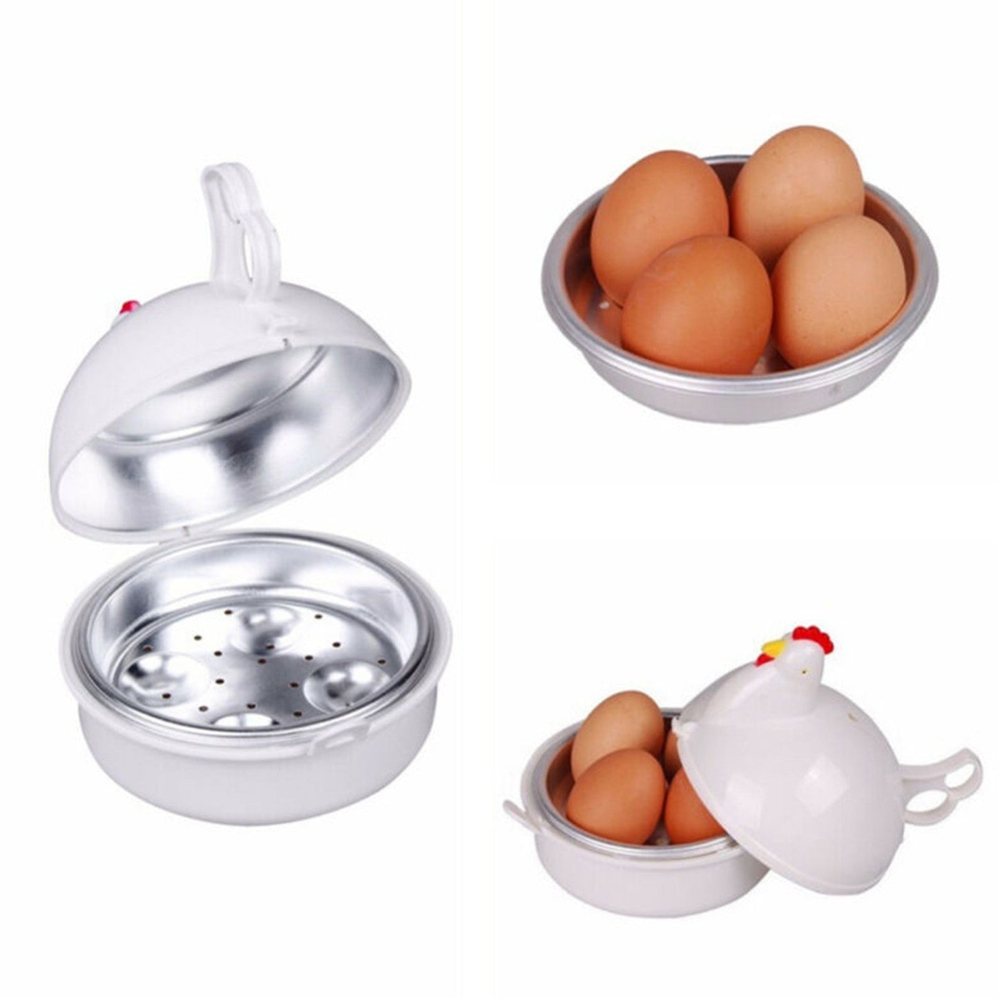 White Aluminum Alloy and PP Material Microwave Egg Steamer with Cute Chicken Shape, Four Grids, and Home Use for Boiling Eggs, Steaming Eggs, Steaming Buns, etc. Ideal for Cookware Use.