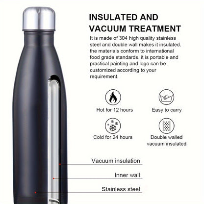 Custom engraved stainless steel water bottle, leak proof, BPA-free, ideal for sports and daily use. Hand wash only.