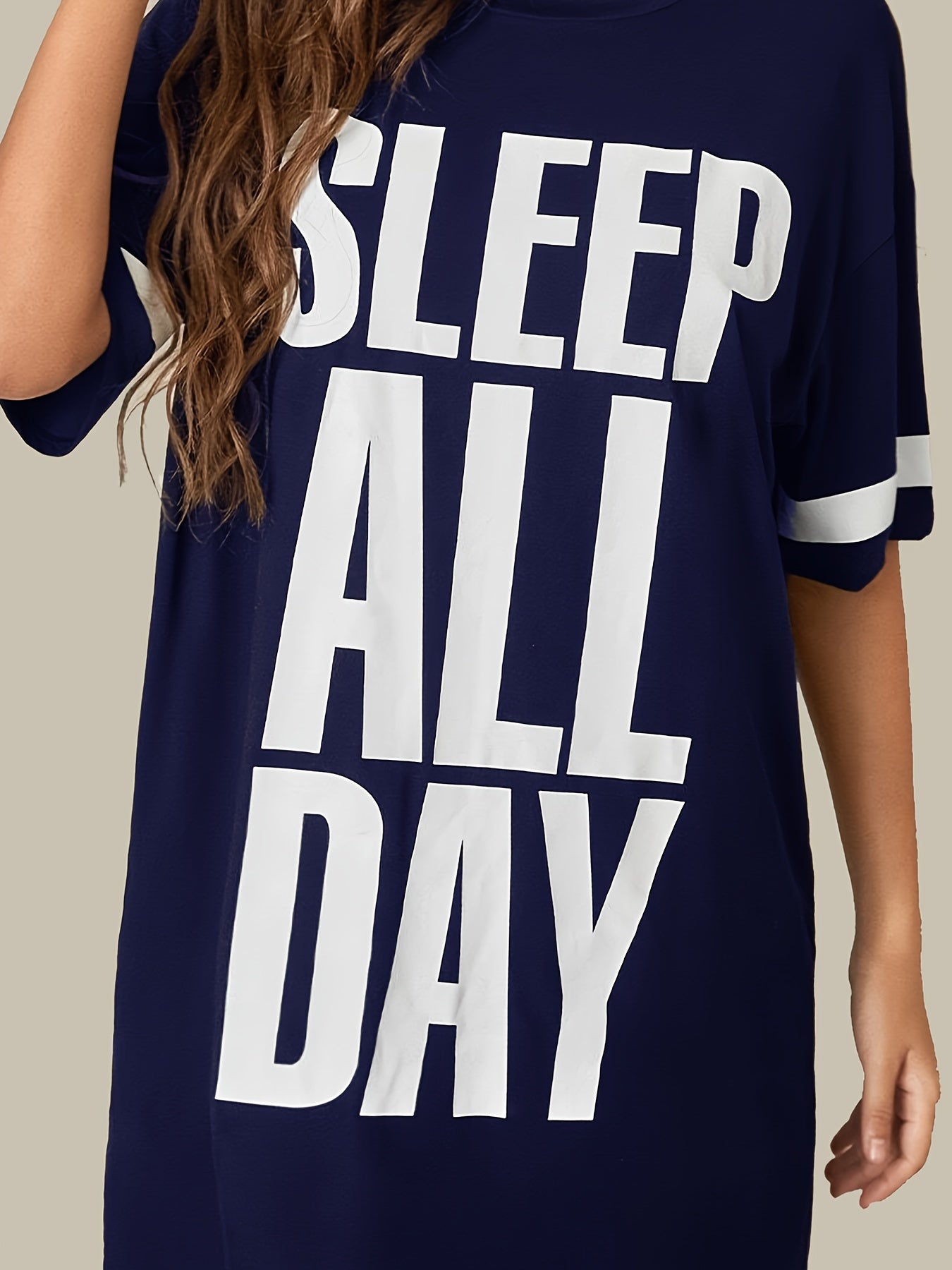 Women's "SLEEP ALL DAY" Black Nightgown - Casual, Breathable Polyester, Round Neck, Short Sleeve, Striped Detail, Machine Washable.