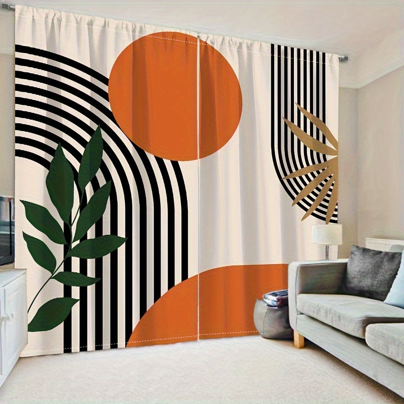 Two pieces of modern abstract geometric and striped design curtains - translucent, privacy-protecting drapes with a rod pocket for the living room and bedroom. Made of machine washable, fade-resistant polyester.