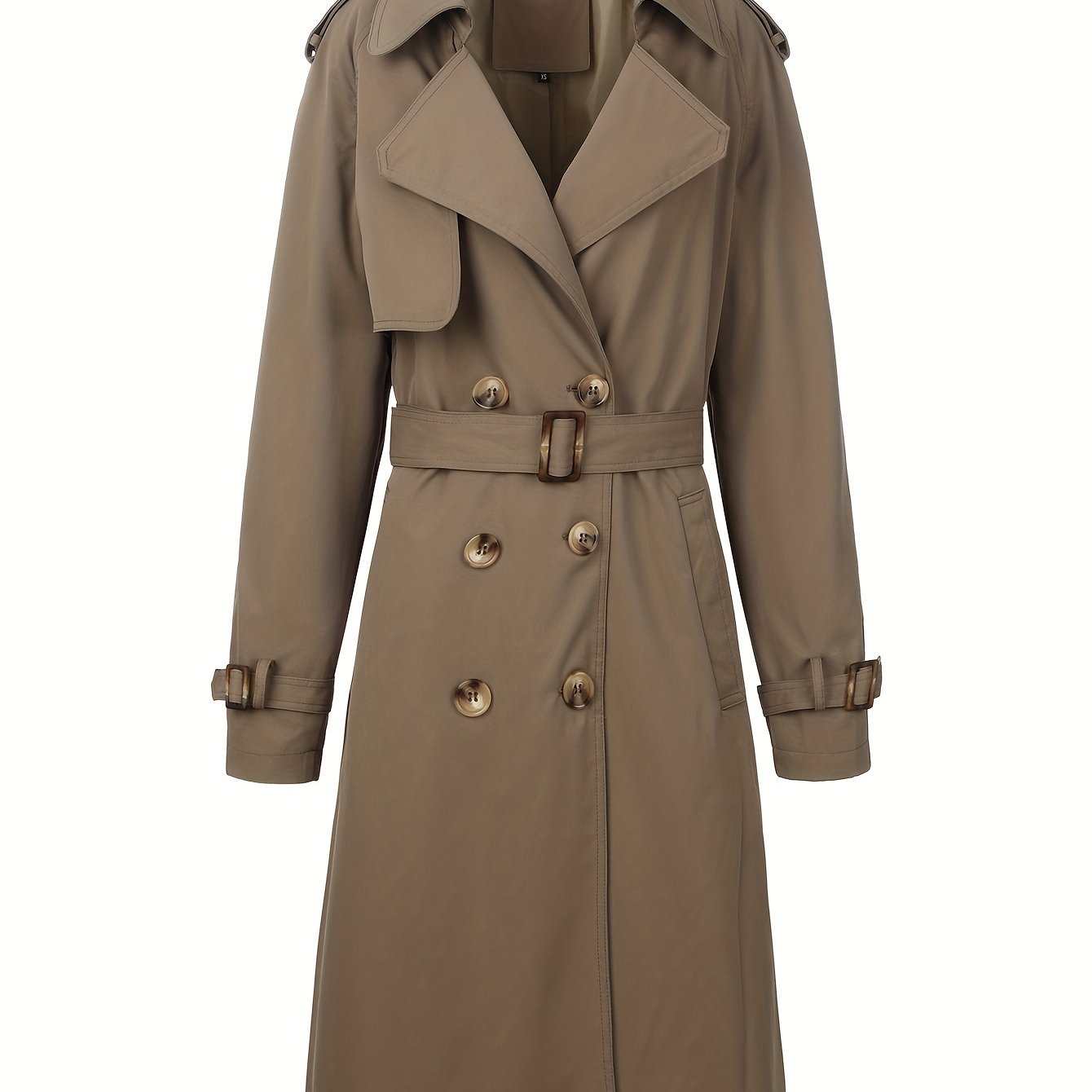 Stylish beige trench coat for women with belt, perfect for fall and winter. Made of polyester, mid-length with double-breasted front and long sleeves.