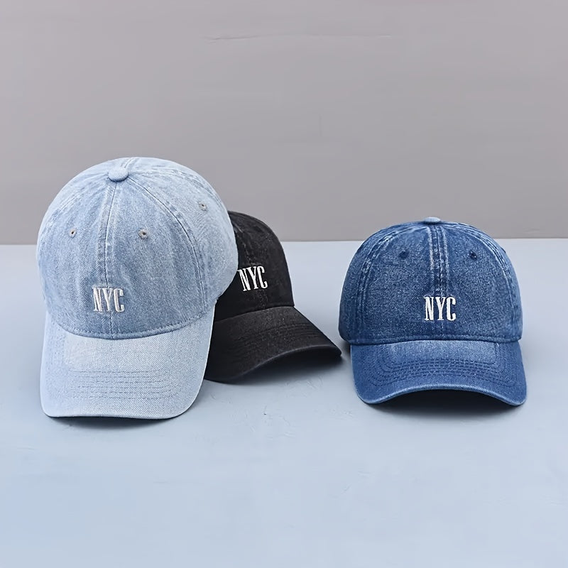 Casual-style denim baseball cap with embroidered NYC logo, adjustable unisex fashion hat for outdoor activities.