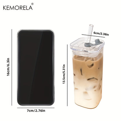 KEMORELA 4/6pcs 380ml/12oz Portable Drinking Cup - Rectangular Heat-Resistant Glass Mug with Lid and Straw - Durable and Versatile for Hot or Cold Beverages, Single-Piece Packaging, Perfect for On-The-Go.