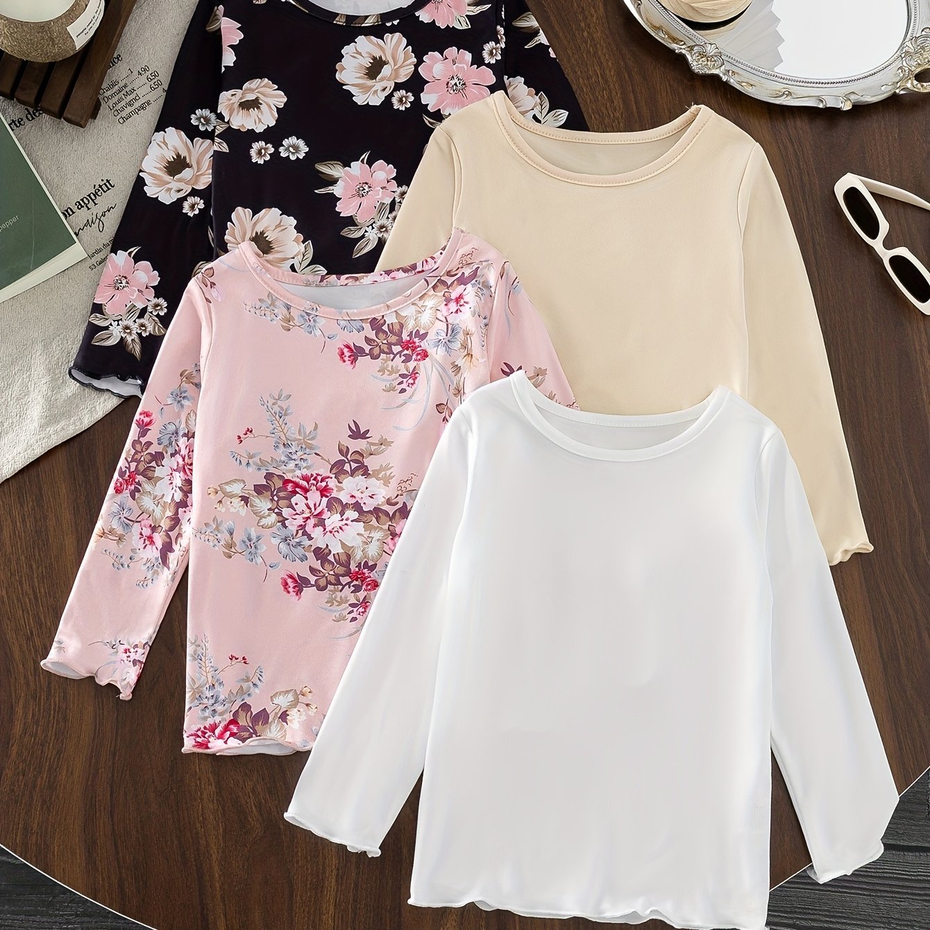 4-piece set of girls' long sleeve t-shirts with solid colors or allover flower patterns, perfect for spring and fall street wear.