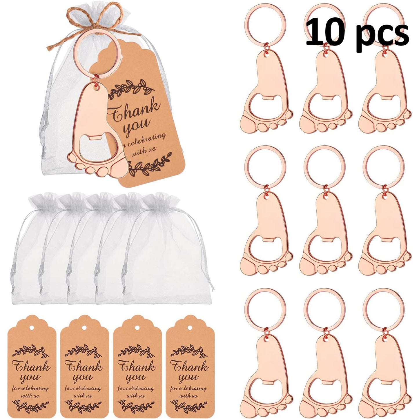 Set of 10 Footprint Keychain Bottle Opener Shower Favors with Organza Bag, thank you tag, and 30CM string