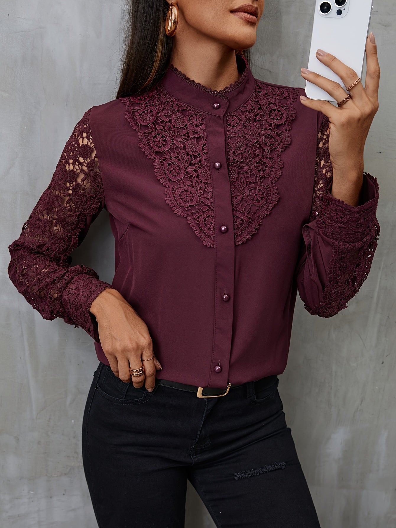 Contrast lace blouse with mandarin collar, perfect for women.