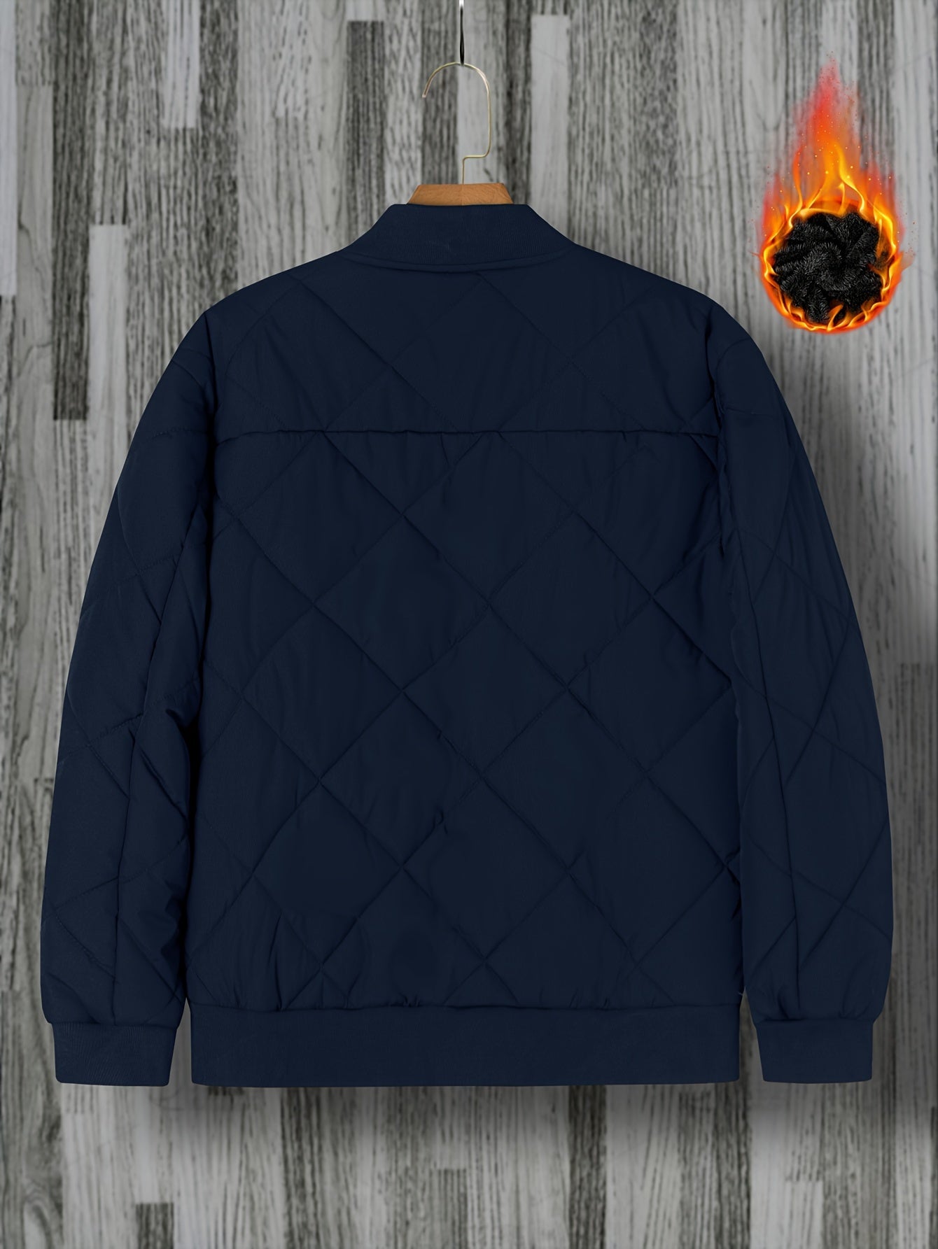 Casual black bomber jacket for men with quilted polyester outerwear, zipper closure, and stand collar. Perfect for fall and winter. Smooth texture and quilted design for everyday wear