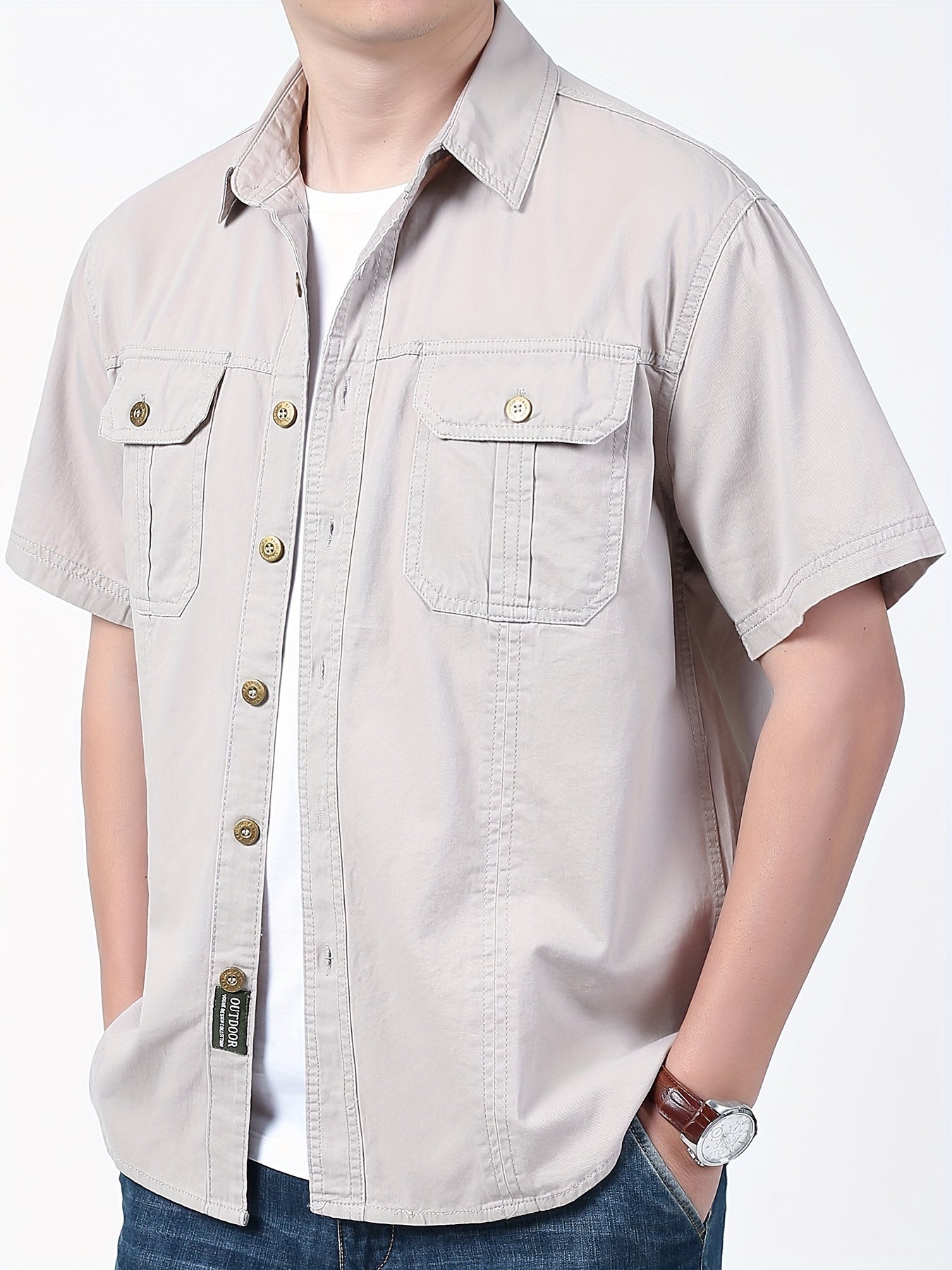 Men's Summer Cotton Cargo Shirt: Casual, Lightweight with Dual Pockets and Button-Up Collar.