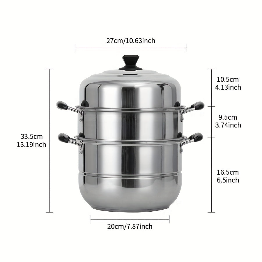 This durable 4-piece Stainless Steel Steamer Set features a 3-tier stackable design for both steaming and cooking. The set includes a soup pot, steamer rack, steaming tray, and lid, all designed for even heat distribution. The anti-scald electric wood