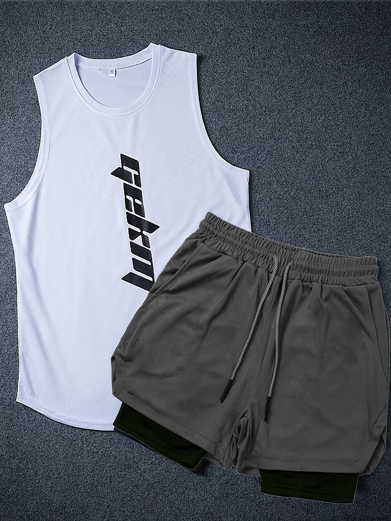 Men's 2-piece fashion set with letter print tank top and drawstring shorts.