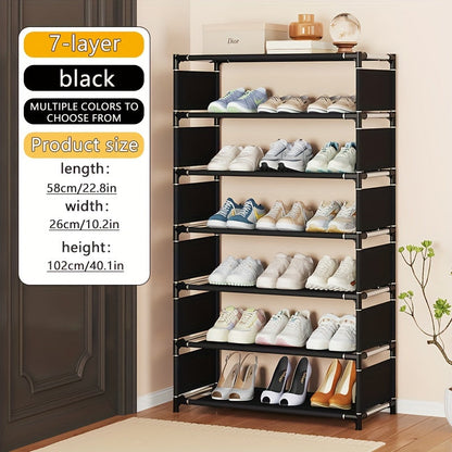 A convenient 5/7-Tier Shoe Rack designed to save space, featuring easy assembly, stackable and expandable capabilities. Made with durable fabric and metal, no batteries needed. Perfect for storing shoes in the living room, dorm, apartment, or home