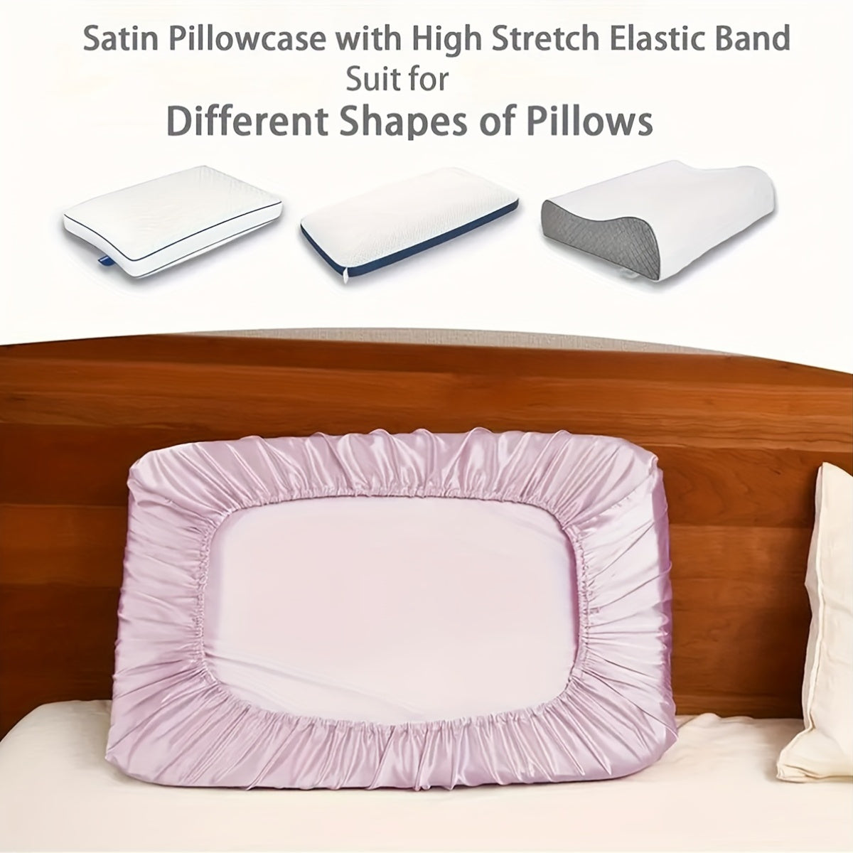 Set of Two Satin Pillowcases featuring an Elastic Band for Easy Installation. Made from Soft and Comfortable Fabric that is Gentle on Skin and Hair. Perfect for Home Bedroom Sleeping. Machine Washable with No Embellishments. Made from 100% Polyester.