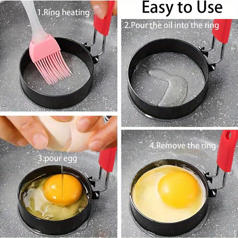 A pair of 3.5-inch egg molds with silicone grips, ideal for creating circular waffles, breakfast sandwiches, and pancakes indoors or while camping.