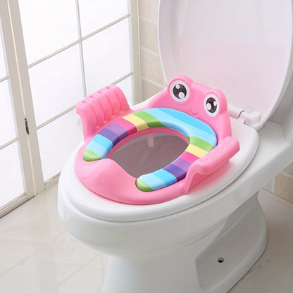 Cute cartoon toilet seat with training insert features frog & dolphin design. Portable, non-slip travel potty chair for boys & girls with urine splash guard. Versatile training set includes travel bag, suitable for children aged 3-12.