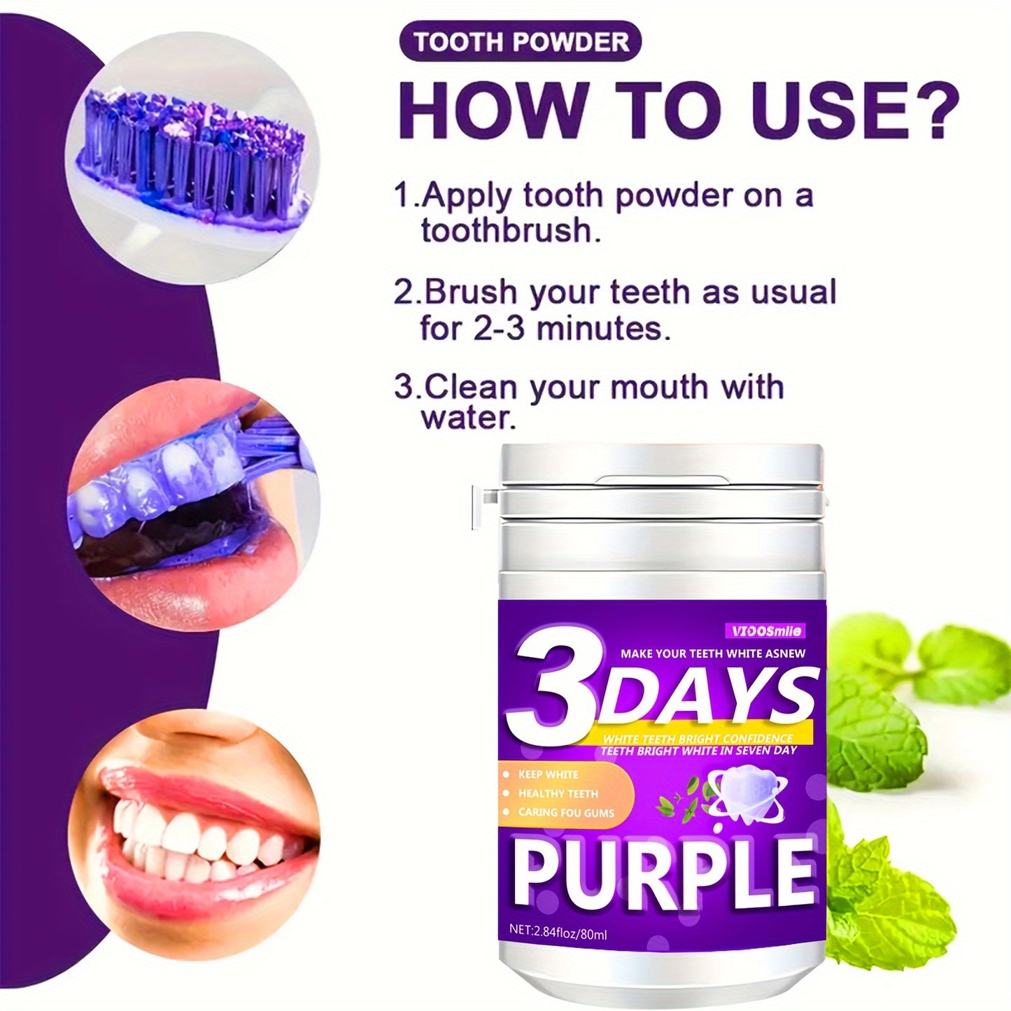 Vidosmile Purple Tooth Powder 80ml: Natural teeth whitening with honeysuckle flower & mint, baking soda brightening, gentle oral care for fresh breath & healthy gums.