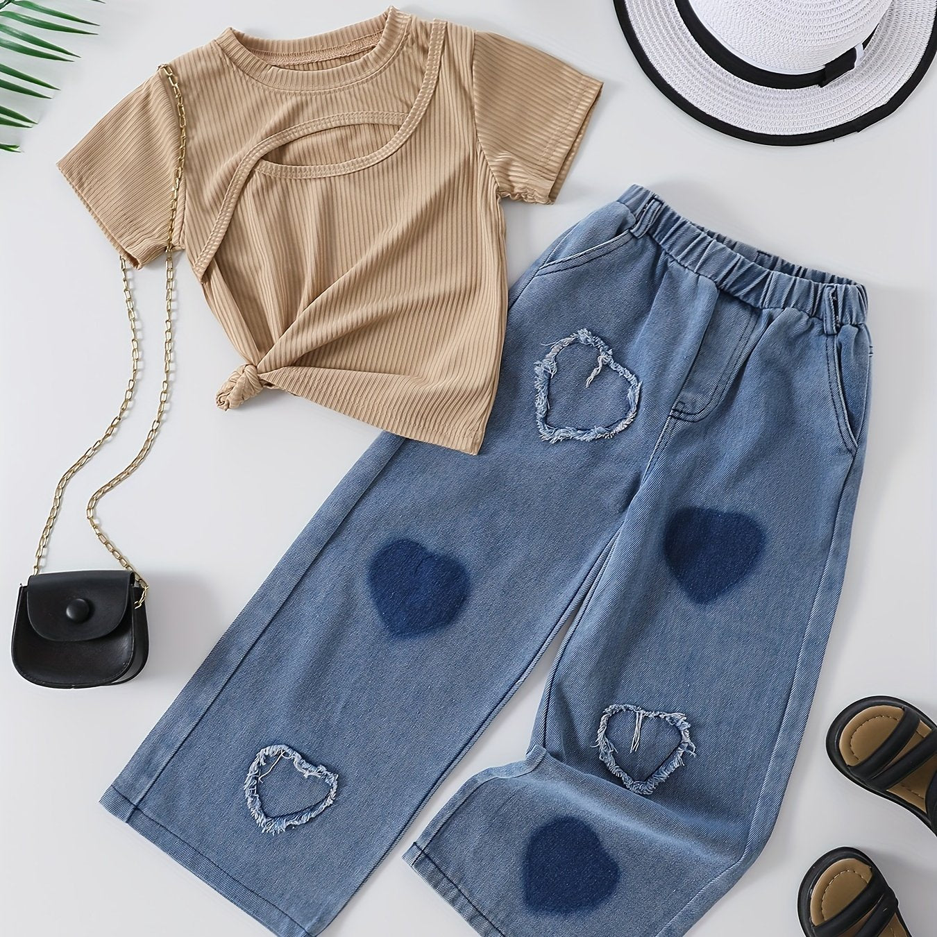 Girls' spring/summer fashion set: Ribbed knit short sleeve top & heart-shaped cut-out denim pants. Stretchy, machine washable, non-transparent. Perfect for outdoor wear.