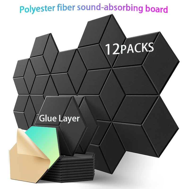 12-piece Y-type black acoustic panel with hexagonal side length of 14.99 cm, sound absorbing and insulating board.