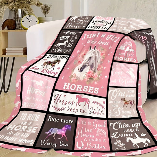 Elegant Horse-Inspired Flannel Throw Blanket in Glam Style - Perfect for Horse Lovers' Birthdays! Made of 100% Polyester, Hypoallergenic, All-Season, Knitted Design with Digital Print. Recommended for Dry Cleaning. Great Equestrian Gift Idea for Girls