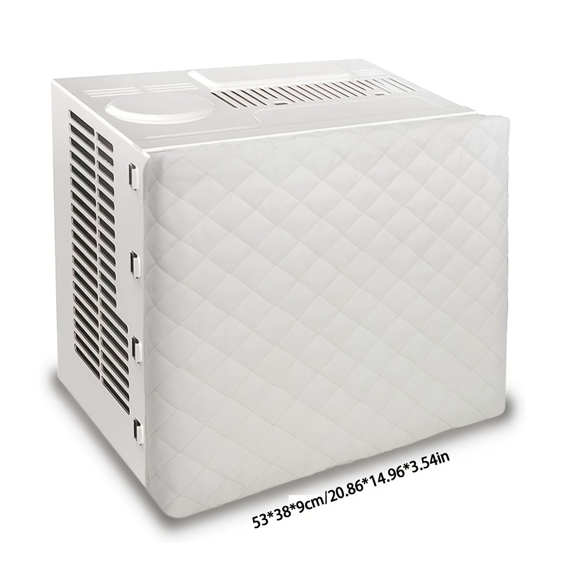 Quilted air conditioner dust cover with fitted elastic for indoor heat insulation. Made of polyurethane and polypropylene materials, no power supply required.