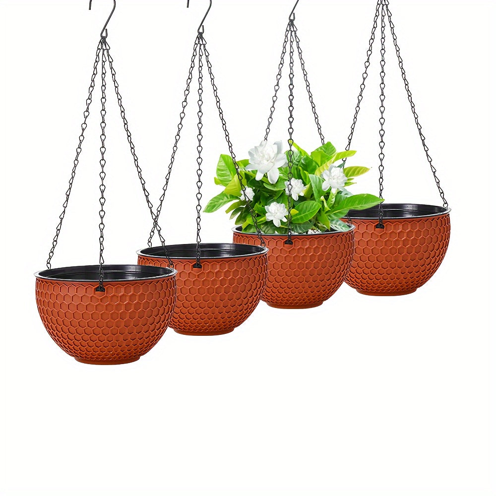 Durable 4-pack plastic hanging flower pots with drainage holes, chain hook, and honeycomb pattern. Suitable for indoor and outdoor use, no electricity needed.