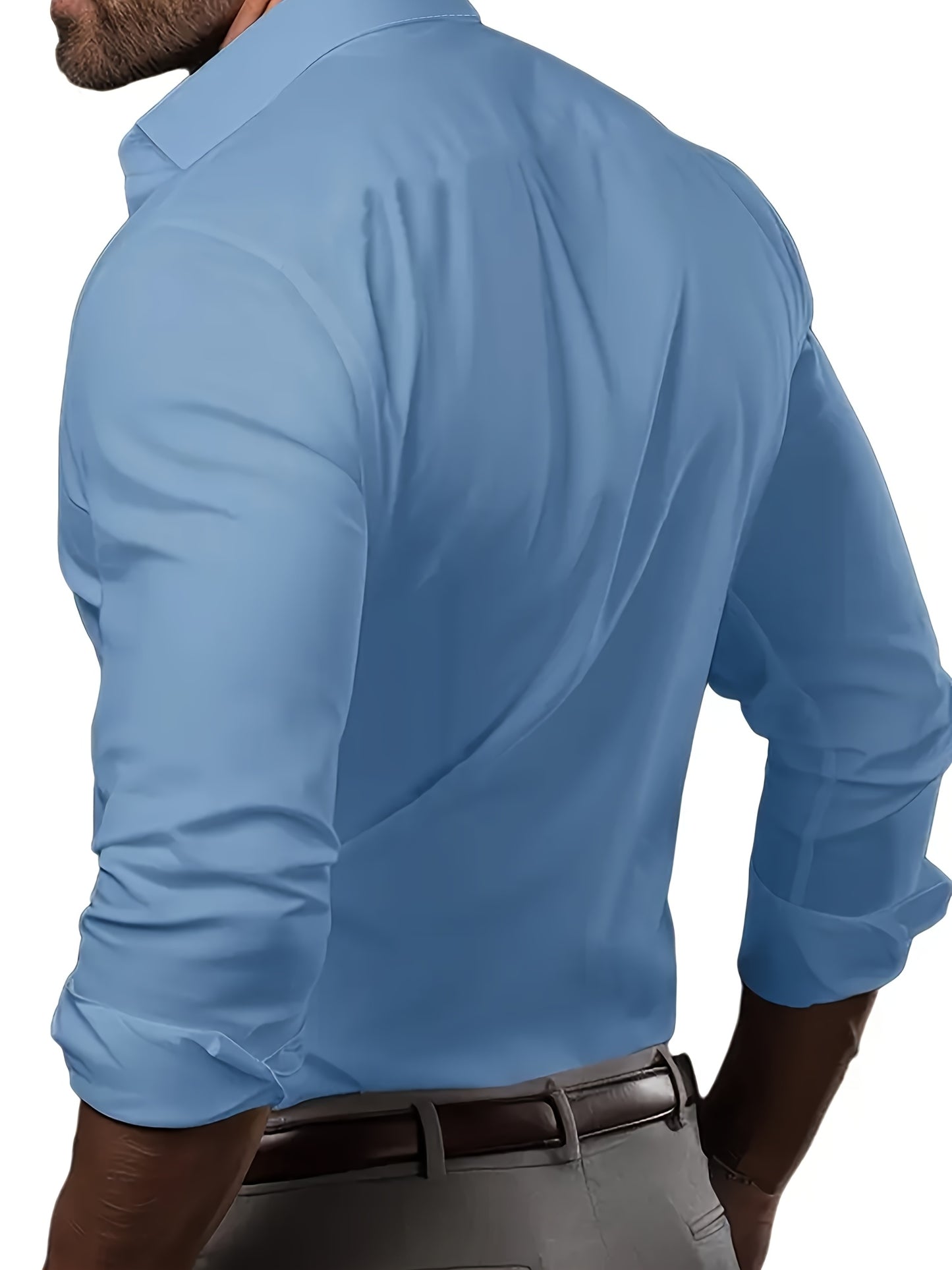 Men's dark gray dress shirt in semi-sheer polyester, perfect for business or formal events in spring and fall.