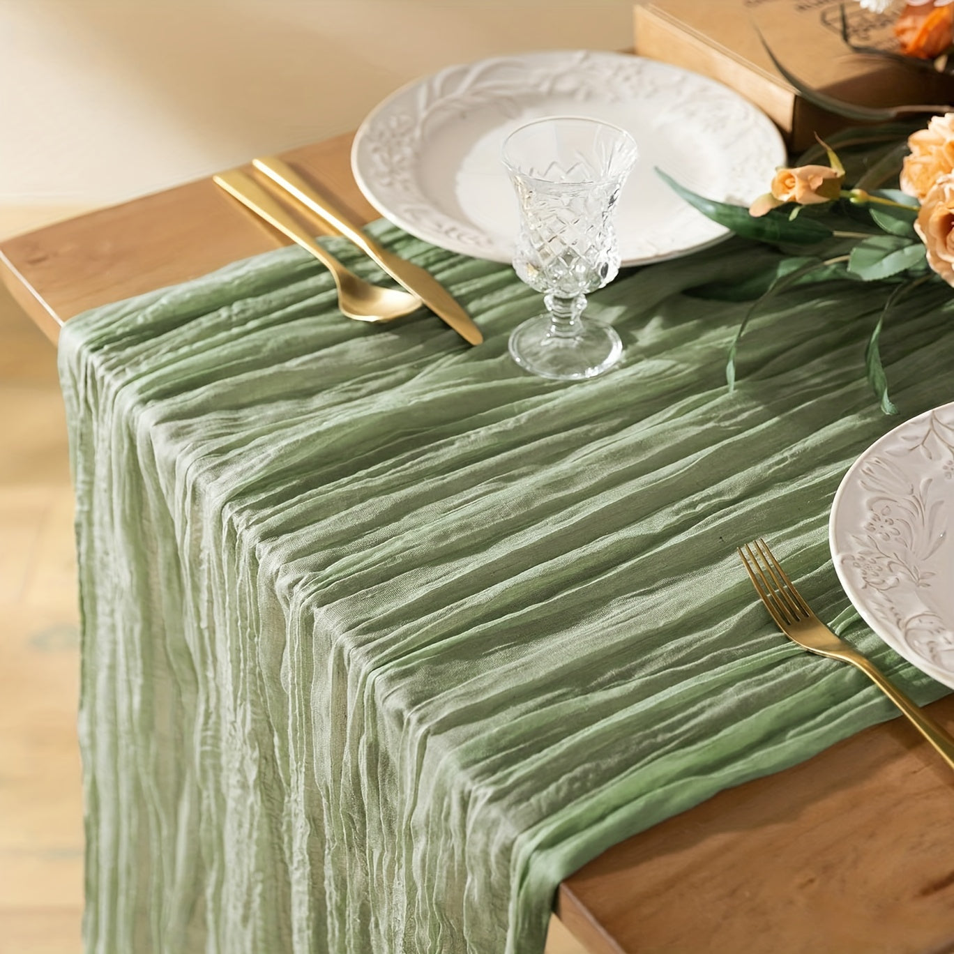 Polyester crinkle table runner for rustic wedding decor.