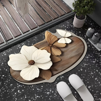 3D flower and butterfly pattern non-slip mat for bathroom, water-absorbent and quick-drying. Hand wash only, made of diatom mud material with rubber backing. Oval shape, machine made with