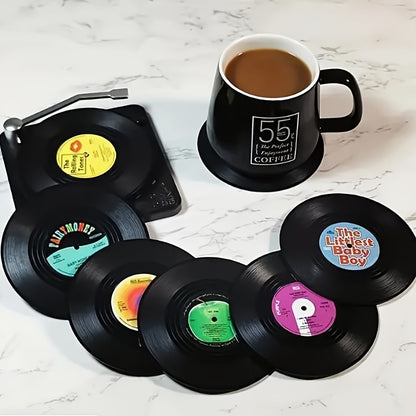 Set of 6 vinyl record coasters, retro American rock CD design, non-slip insulation pads, heat-resistant table mats, room decoration.